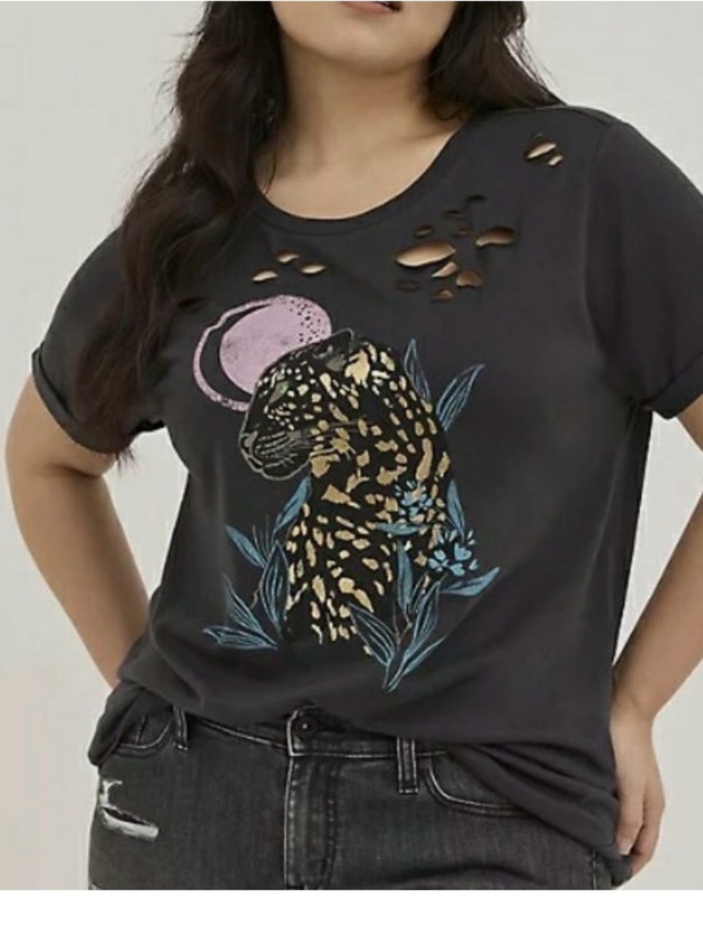 Torrid Distressed Graphic Leopard Tee in Black with Pink & Blue Accents